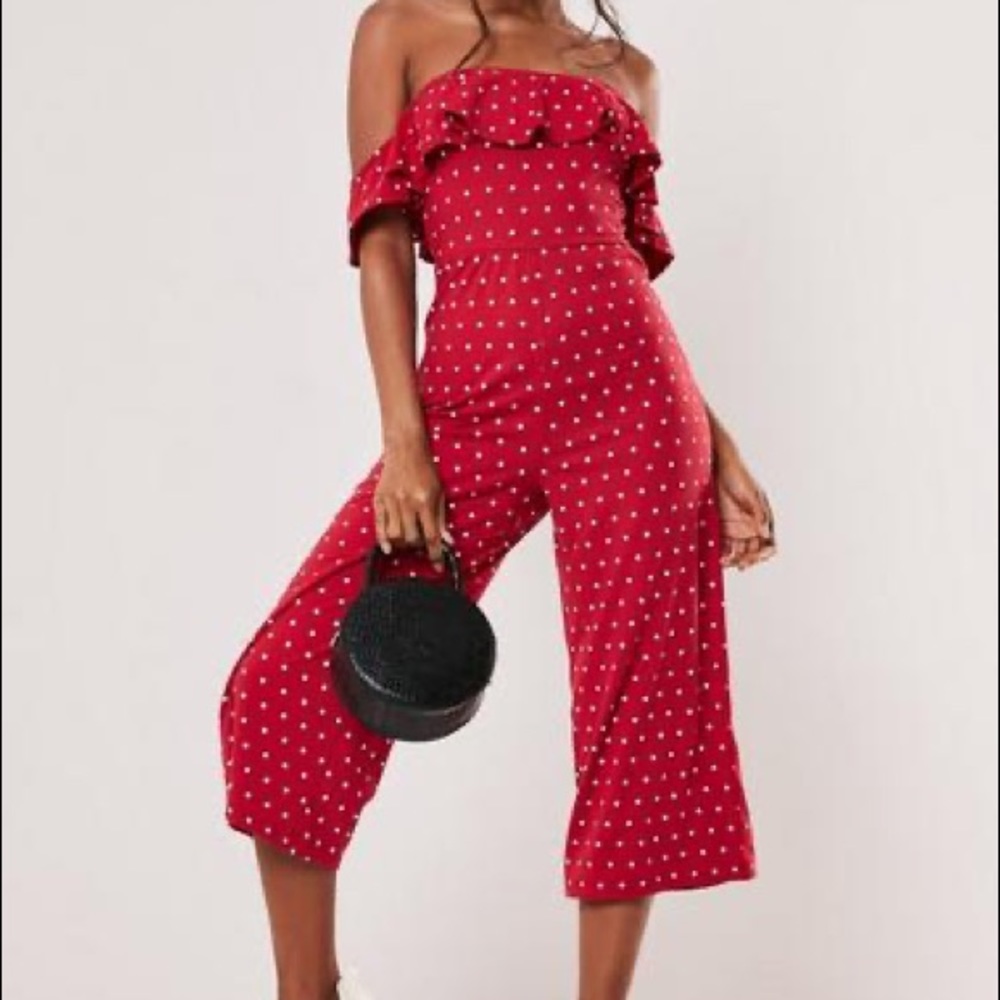 Red Polka Dot Bardot Culotte Jumpsuit - Picture 1 of 6